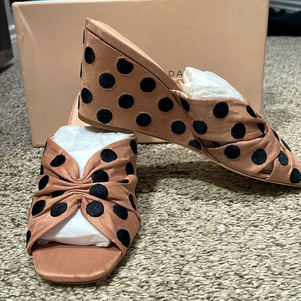 Tan and black wedge sandals